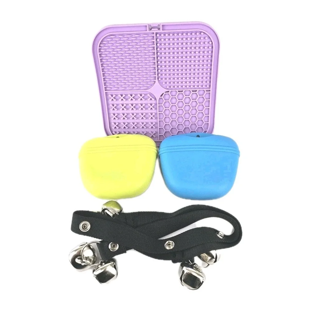Pet Set of 4 Silicone Dog Treat Pouch Door Training Bells Food Toy Suction Cups
